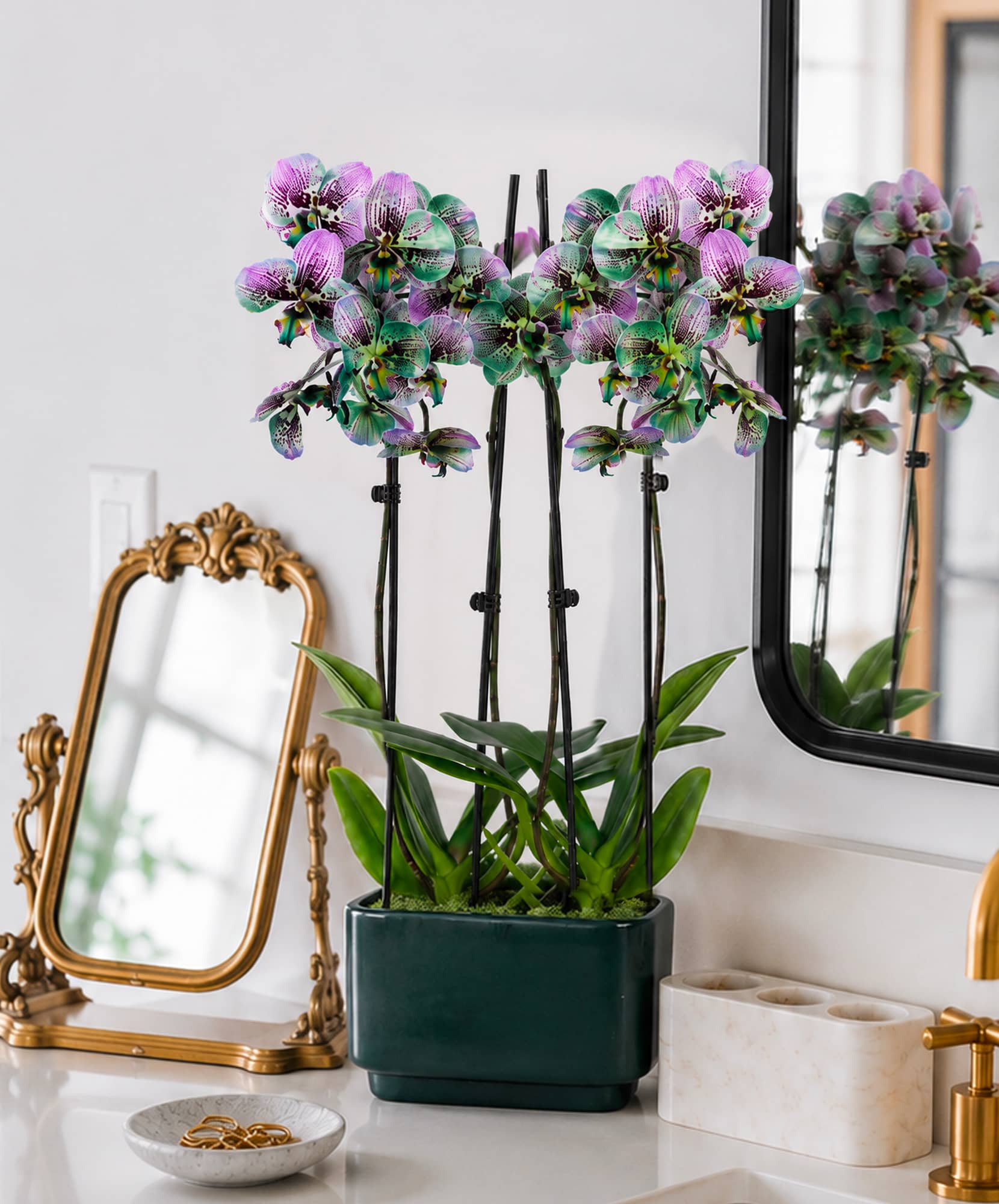 Elegant purple orchids in a sleek planter, enhancing modern home decor on a countertop.