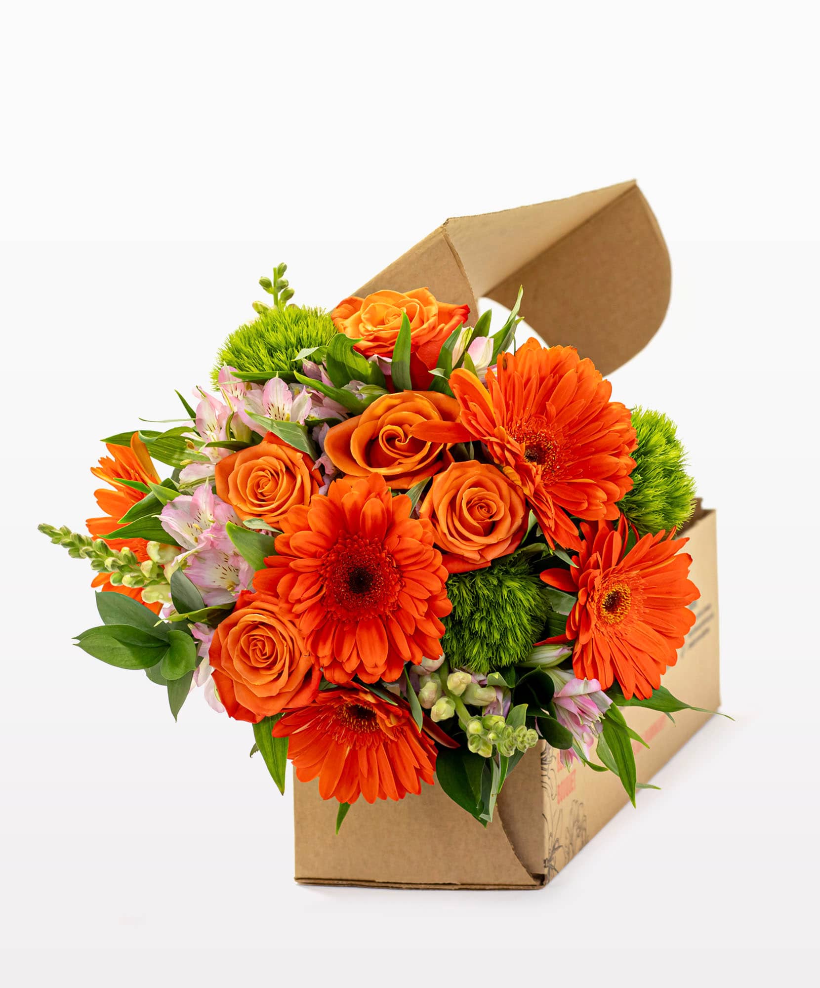 Vibrant floral arrangement with orange roses, gerbera daisies, and alstroemeria in a box.