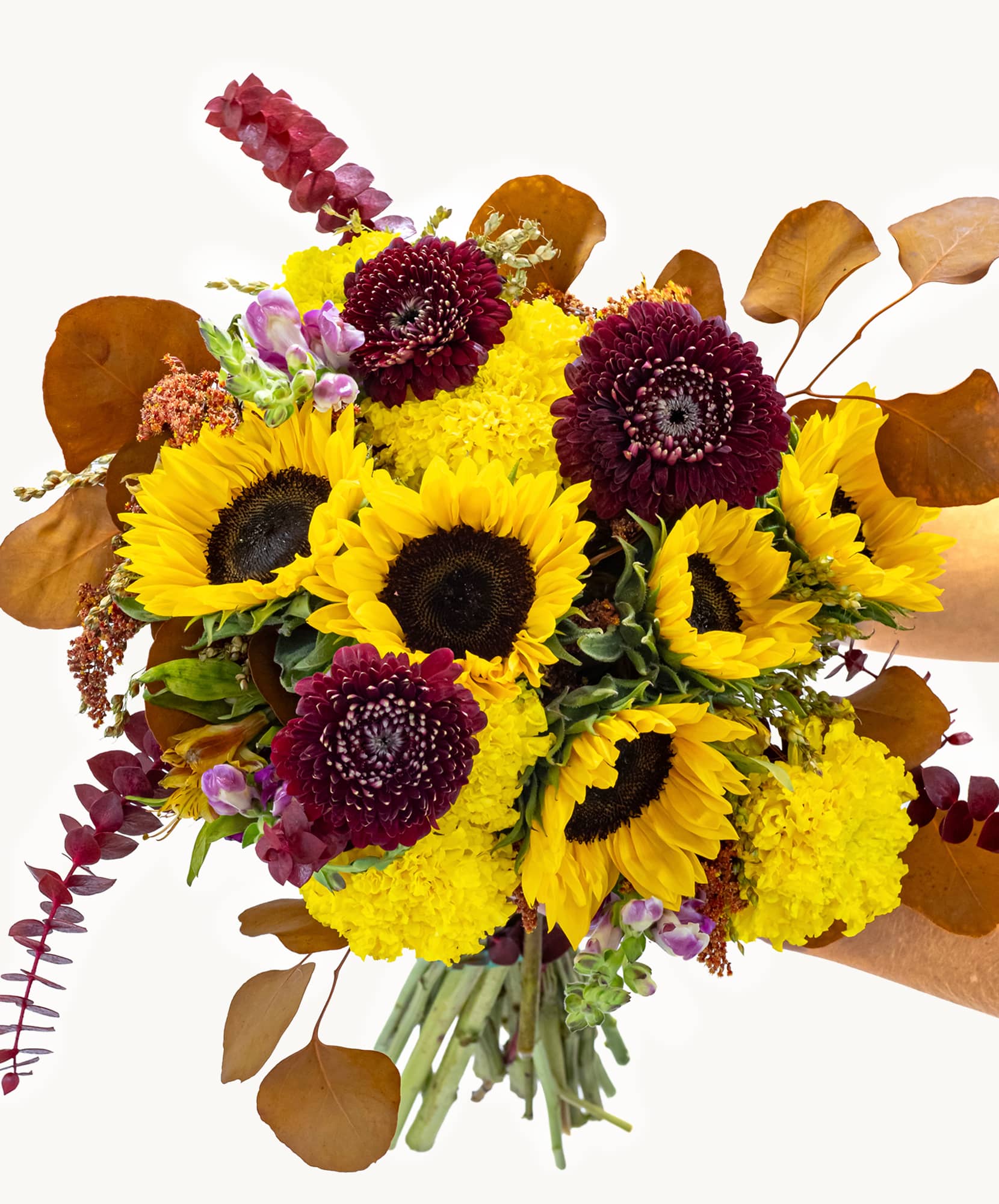 Vibrant sunflower bouquet with burgundy blooms and golden accents, perfect for any occasion.